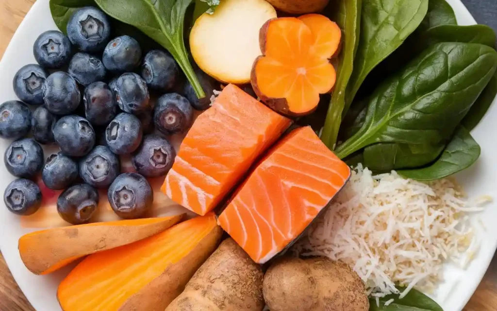 A colorful plate of superfoods suitable for Cane Corsos, such as blueberries, salmon, and sweet potatoes