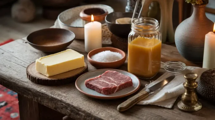 Assortment of carnivore diet condiments including butter, salt, and bone broth.