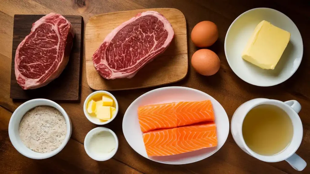 A variety of carnivore-friendly foods displayed on a rustic table.