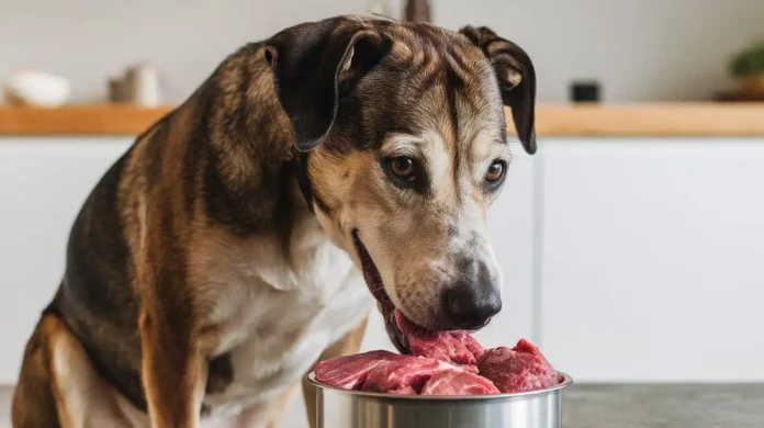 A happy dog eating raw meat as part of the carnivore diet for dogs