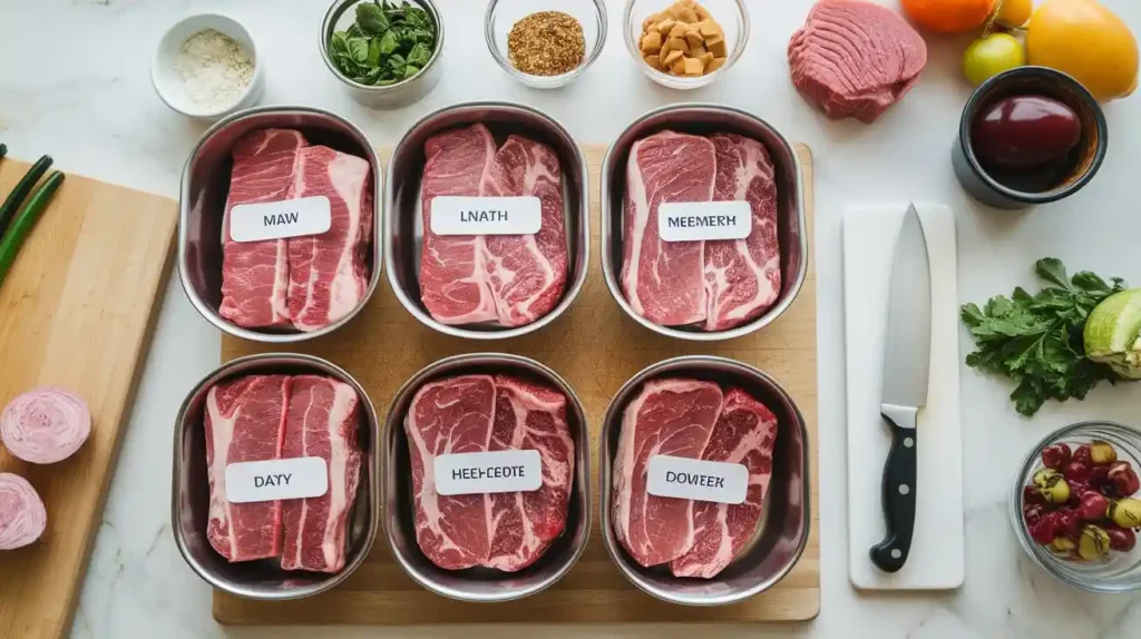 A meal prep station with bowls of raw meat portions for dogs