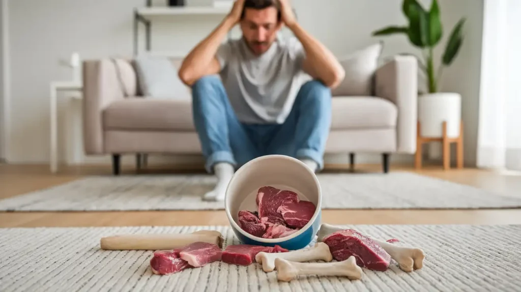 A frustrated dog owner looking at an overturned bowl of food