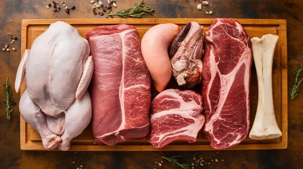 An array of raw meats, organ meats, and bones arranged on a wooden cutting board.