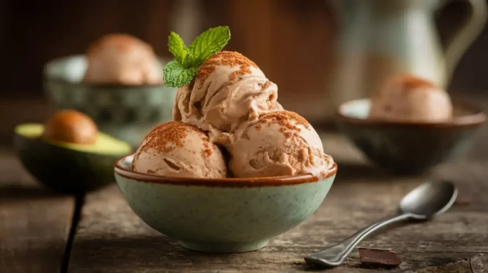 A bowl of creamy carnivore diet ice cream topped with a sprig of mint.