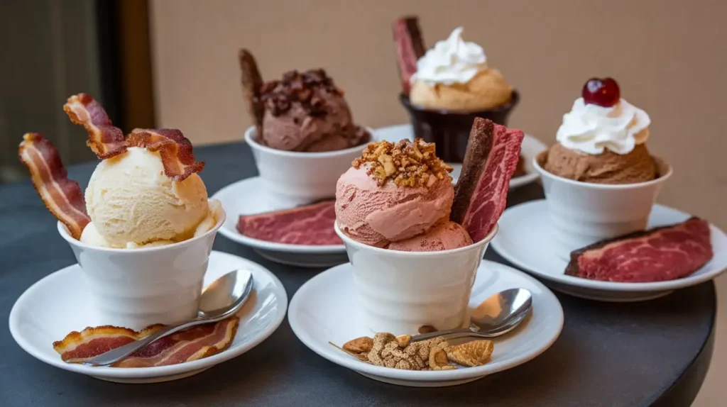 Assorted flavors of carnivore diet ice cream in small bowls