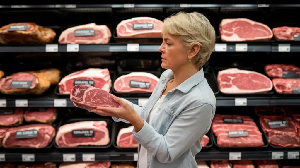 A person confused over different meat choices while grocery shopping.