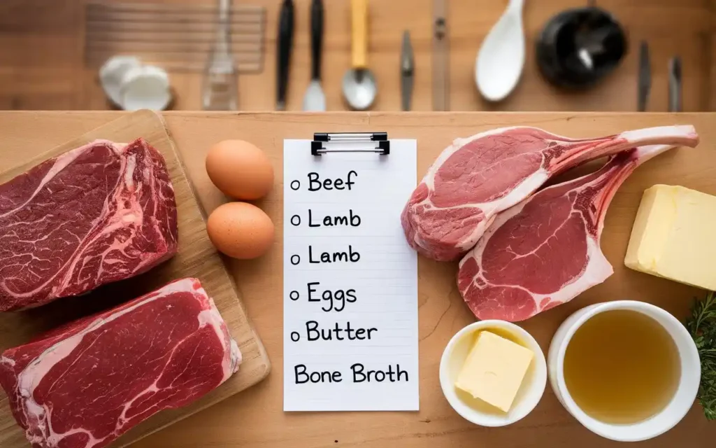 A shopping list for a carnivore diet, featuring essential foods.
