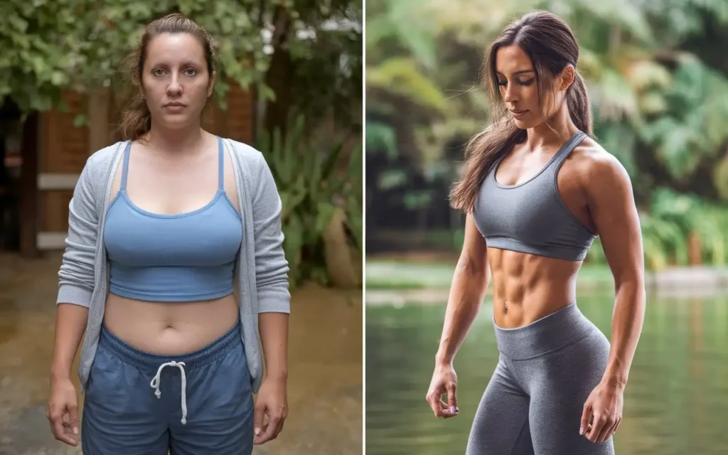 A comparison showing a woman’s weight loss transformation after 30 days on a carnivore diet.