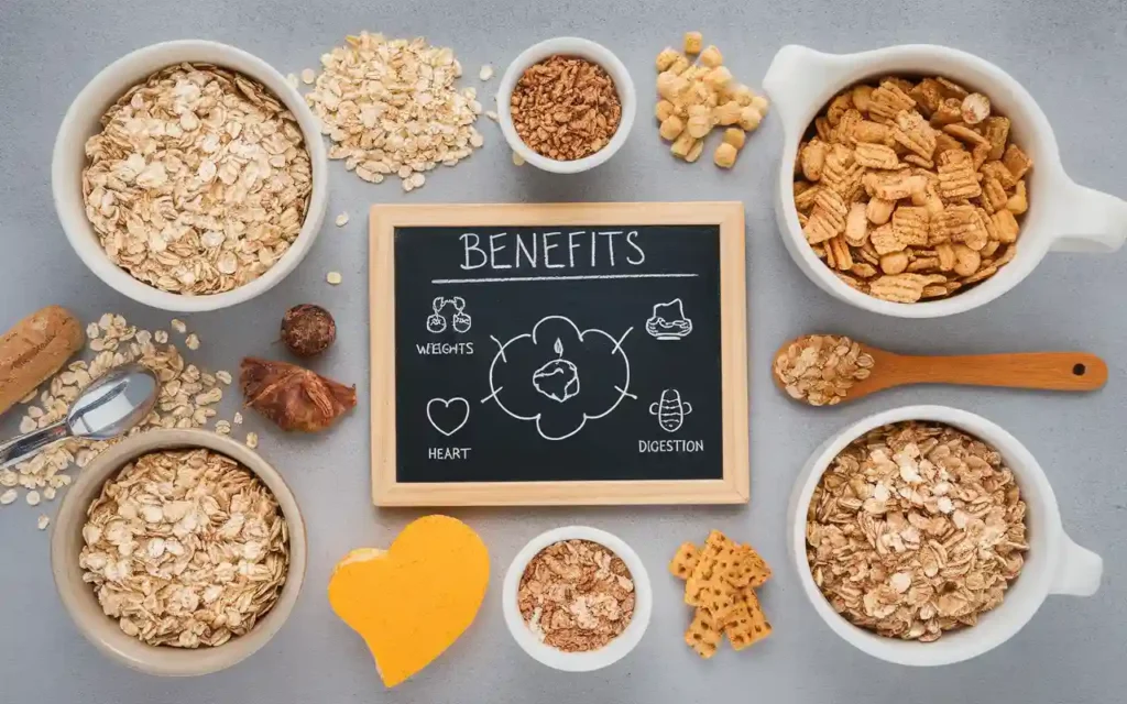 A chart listing the benefits of the cereal diet, surrounded by cereal ingredients