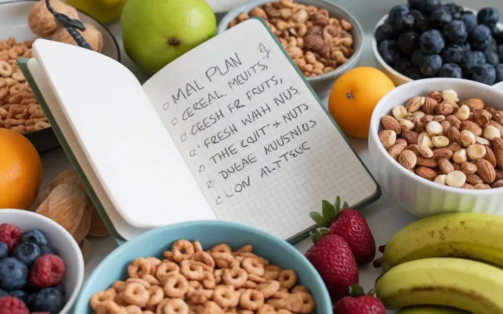 A weekly meal plan for a cereal diet displayed on a notebook with healthy food items