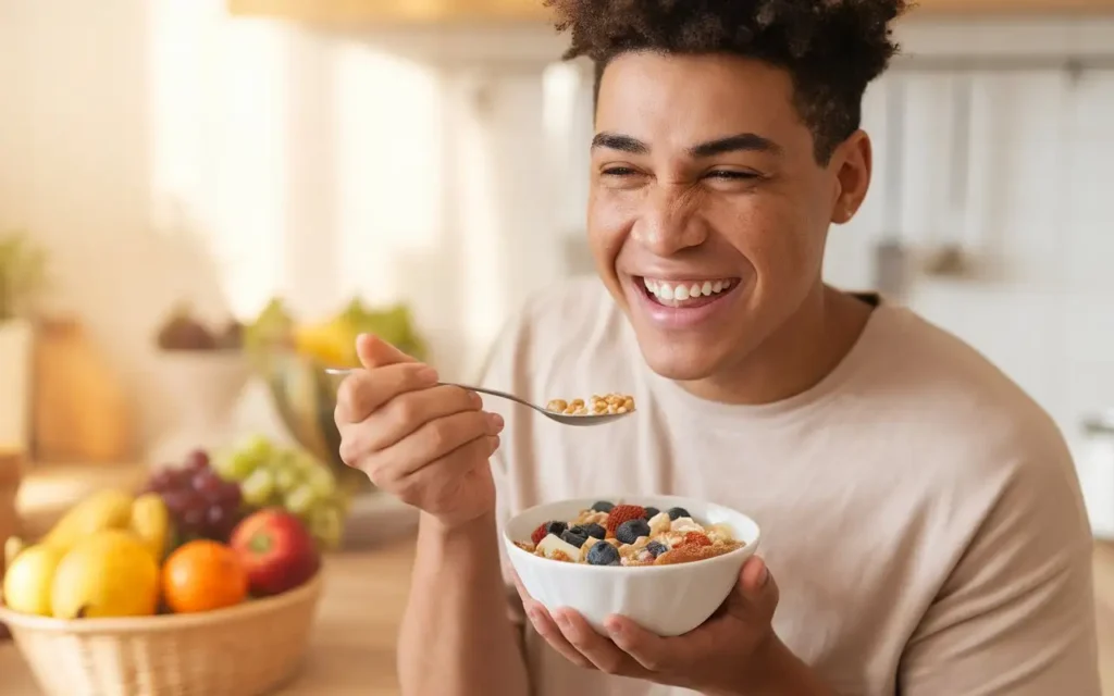 A smiling person holding a bowl of cereal, symbolizing success with the cereal diet