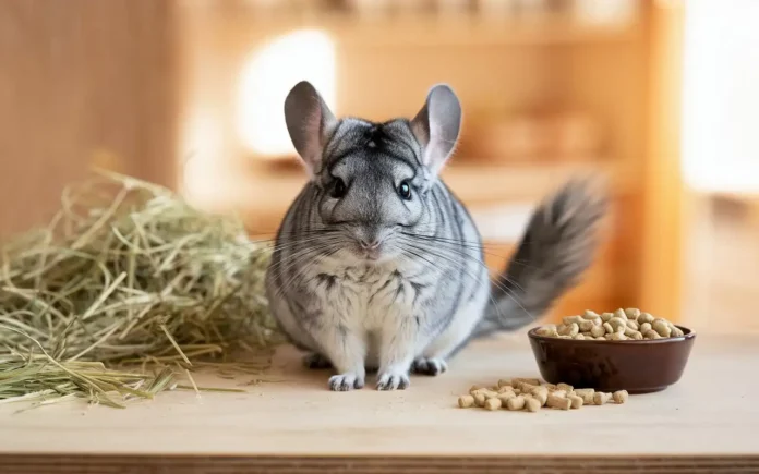 Chinchilla eating fresh hay as part of its healthy diet