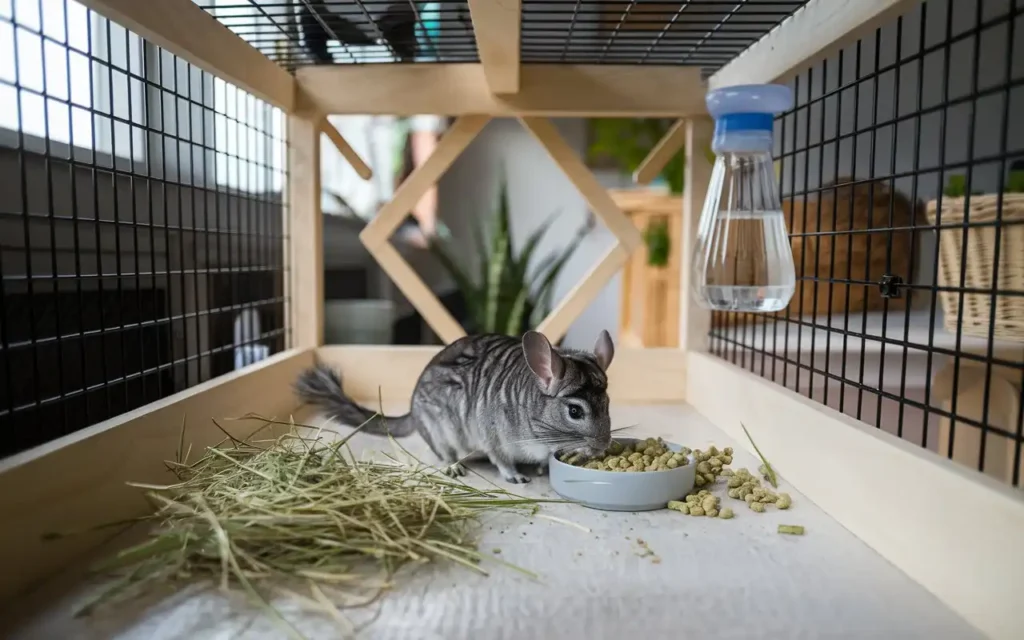 Chinchilla with Timothy hay and pellets in its enclosure