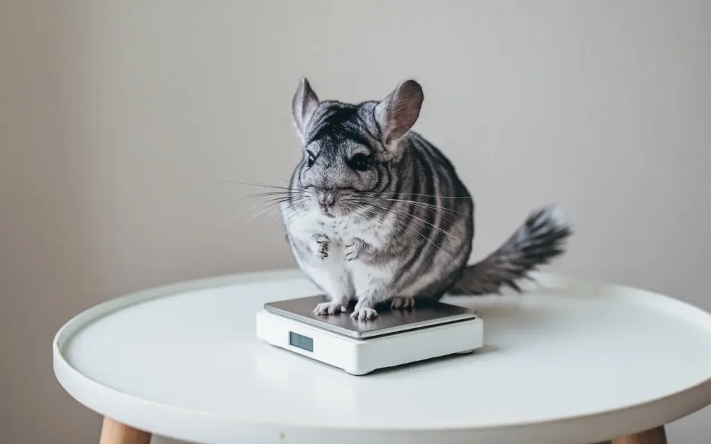 Chinchilla being weighed on a digital scale for diet monitoring