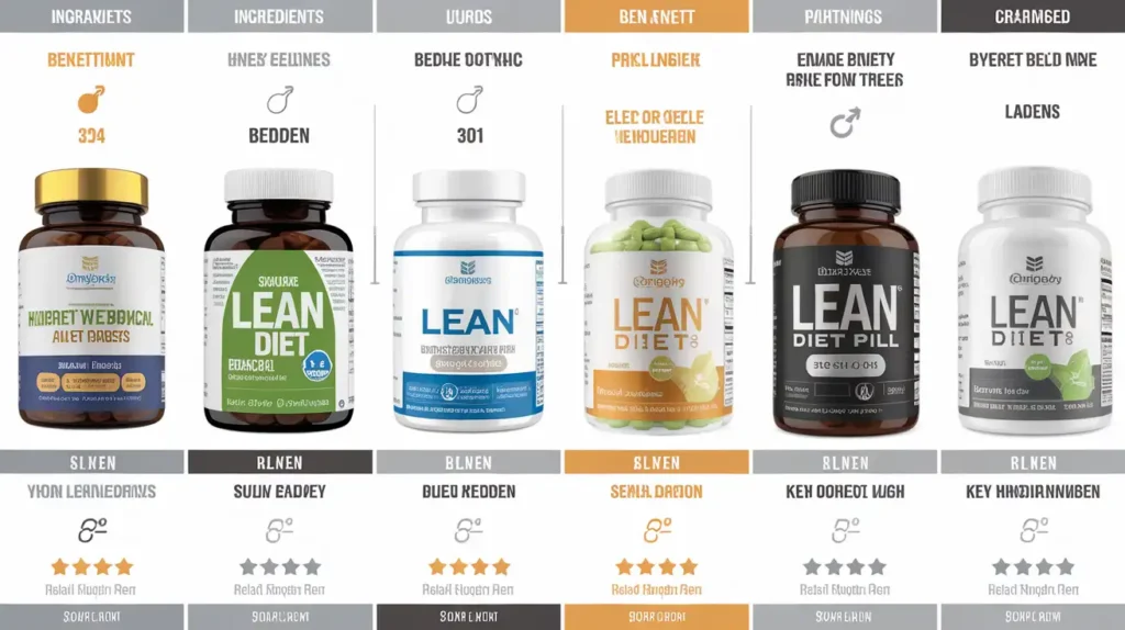 A comparison chart of lean diet pills with highlighted key ingredients and benefits