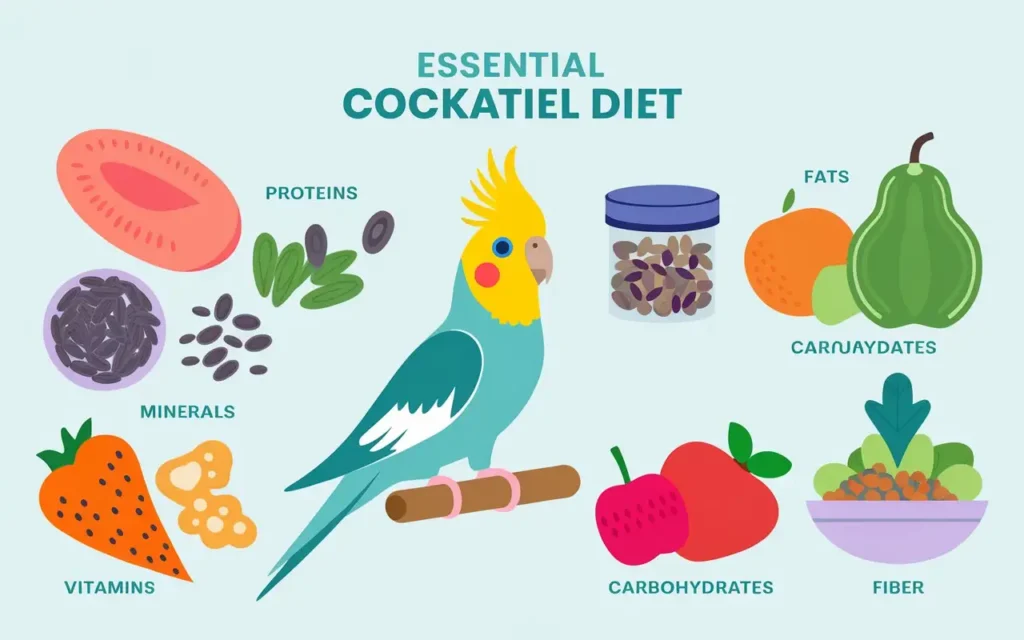 Infographic of essential nutrients in a cockatiel diet