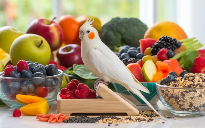 Healthy cockatiel enjoying a balanced diet with fresh fruits and seeds