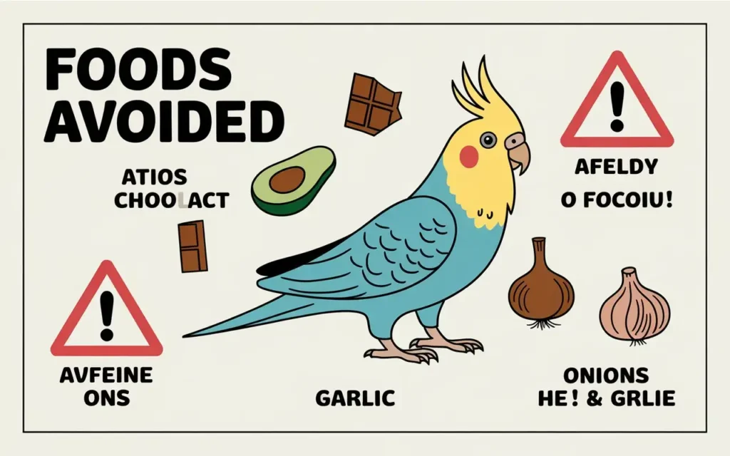 List of foods to avoid in a cockatiel diet with warning signs