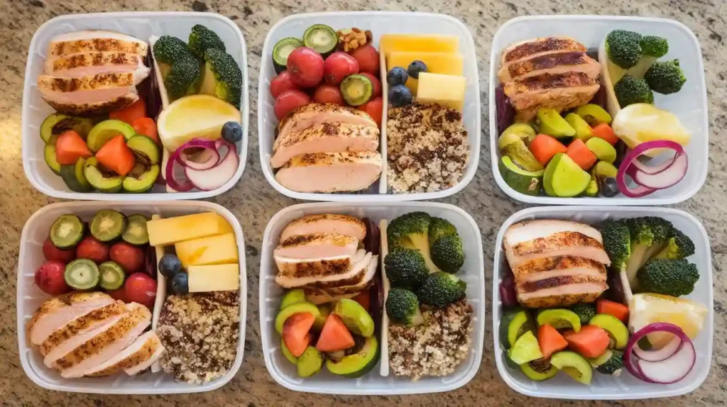 Meal prep containers with balanced meals for colon cancer prevention