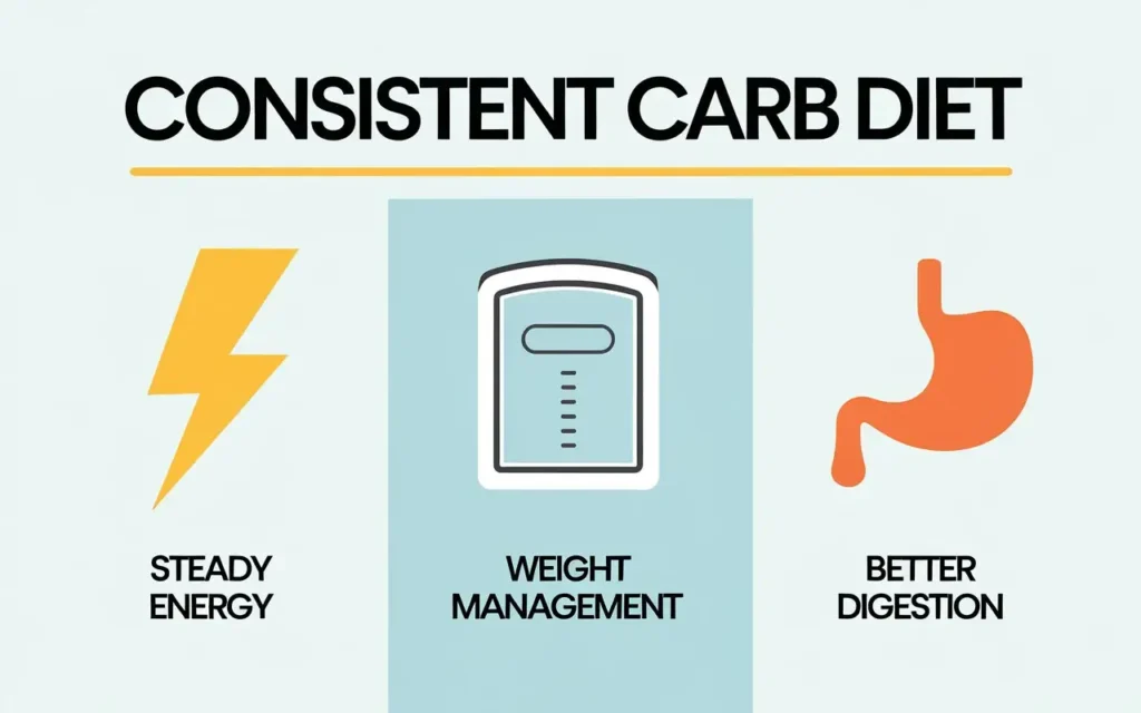 Icons representing the health benefits of the consistent carb diet.
