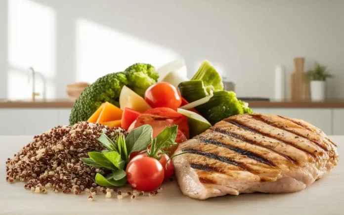 A healthy plate of whole grains, vegetables, and lean protein representing the consistent carb diet.