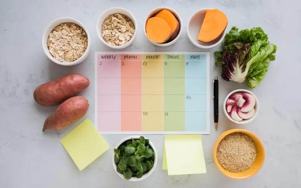 A weekly meal planner featuring consistent carb diet-friendly foods.
