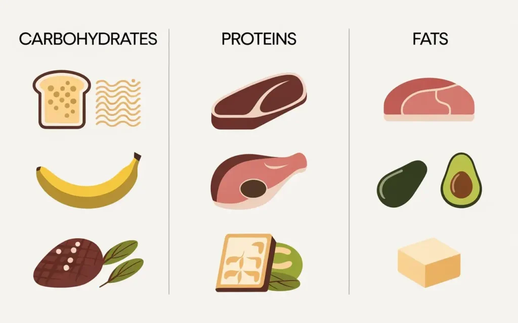 A chart displaying food options for the consistent carbohydrate diet, categorized by macronutrients