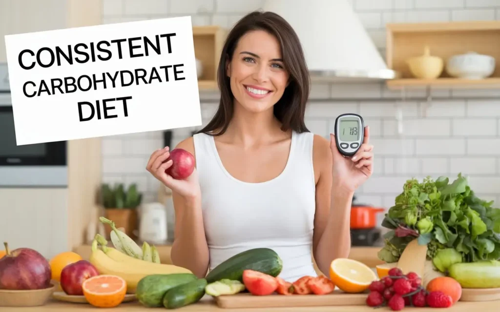 A smiling woman holding a blood sugar monitor, representing the health benefits of the consistent carbohydrate diet