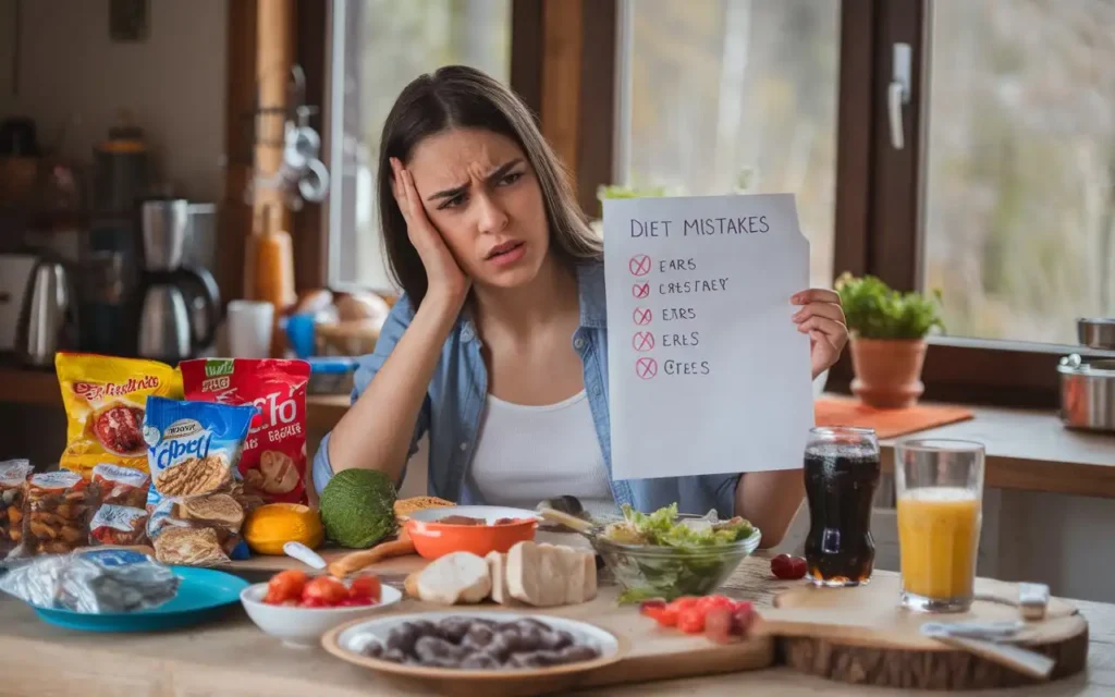 A stressed woman looking at a list of diet mistakes, with a confused expression