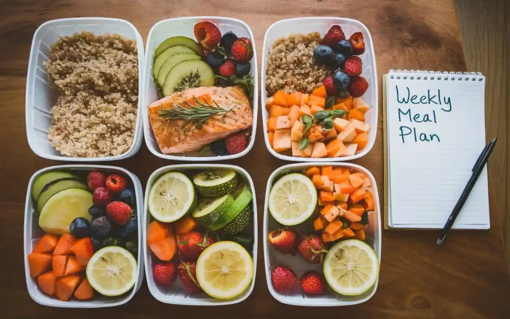 A collection of meal prep containers featuring consistent carbohydrate diet recipes