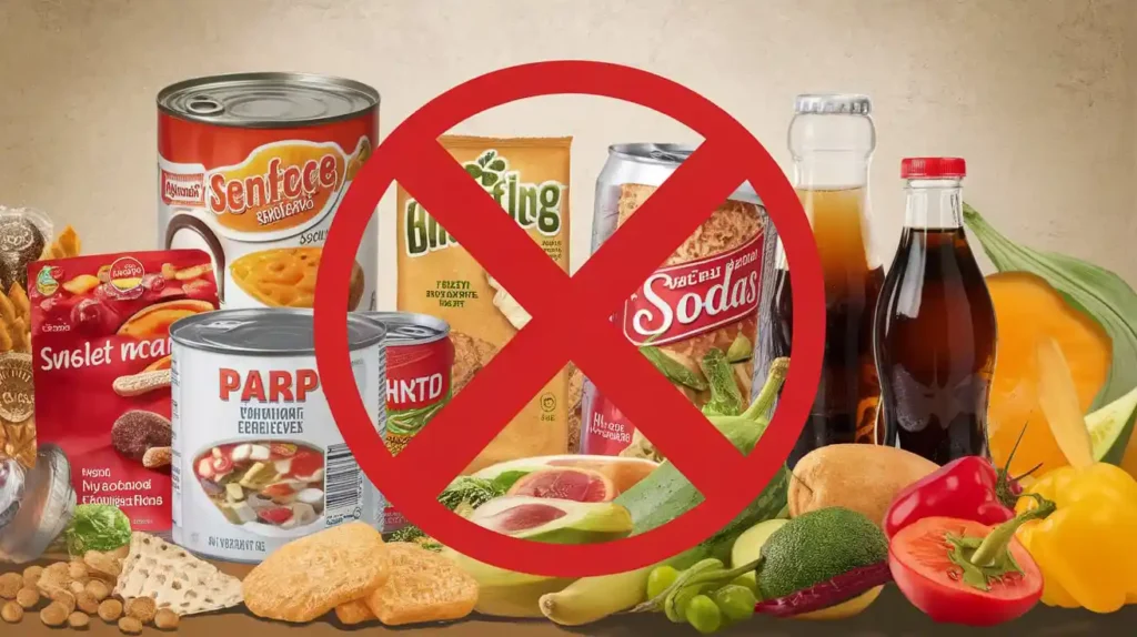 Processed and high-sodium foods to avoid in a crest syndrome diet.
