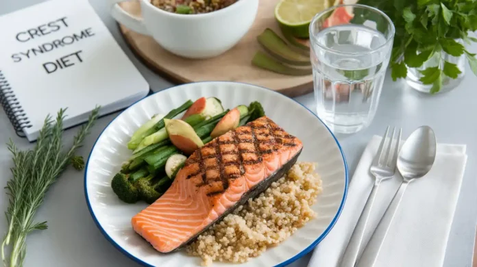 A healthy meal plan designed for crest syndrome diet, featuring fresh vegetables, fish, and whole grains.