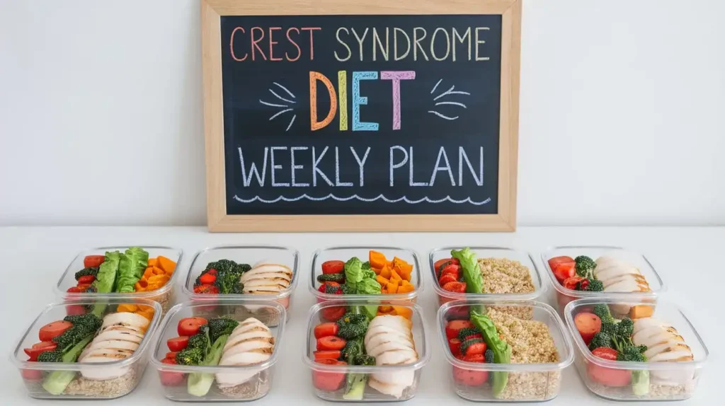 A weekly meal plan tailored to a crest syndrome diet, with healthy meals prepared in containers.