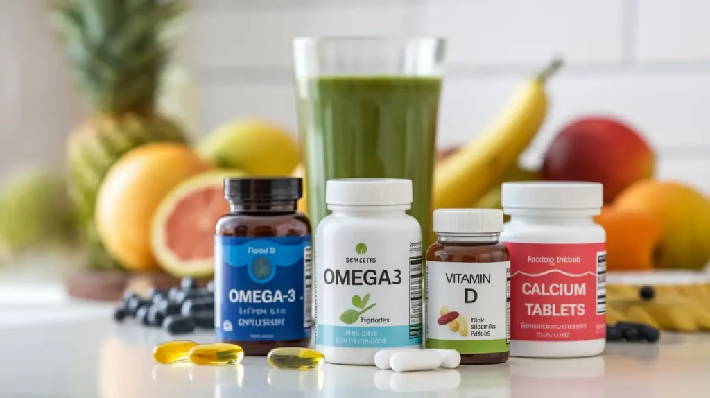 Common supplements recommended for a crest syndrome diet, including Omega-3 capsules and Vitamin D.
