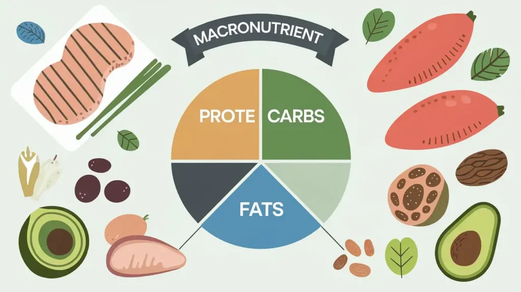 Diagram of macronutrients in a CrossFit diet plan with protein, carbs, and fats