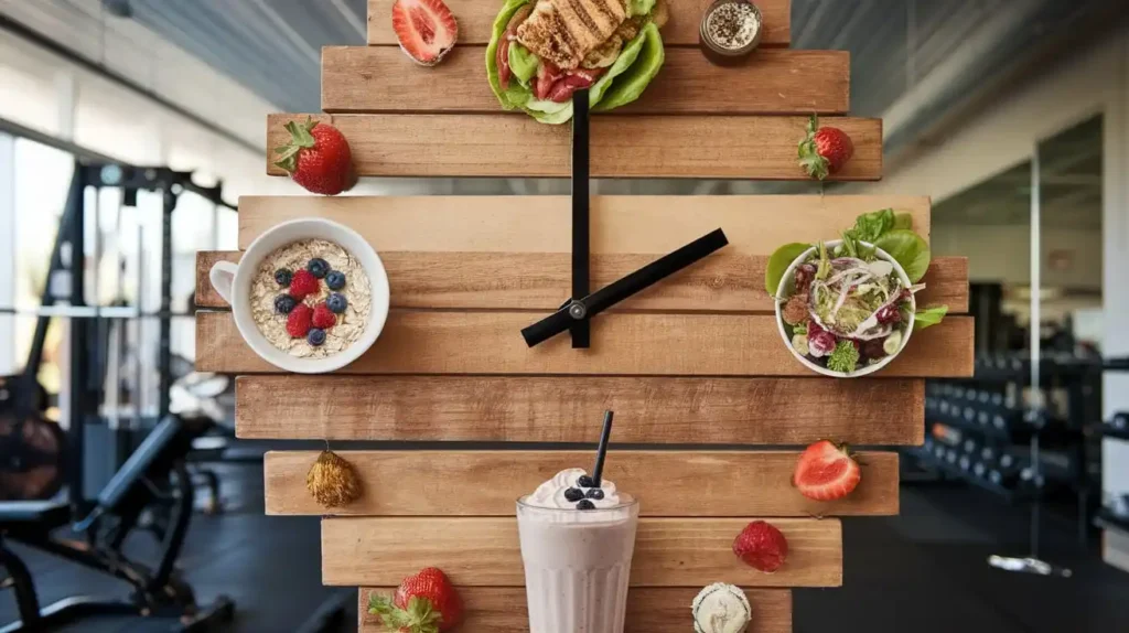 A clock with meals symbolizing timing for a CrossFit diet plan