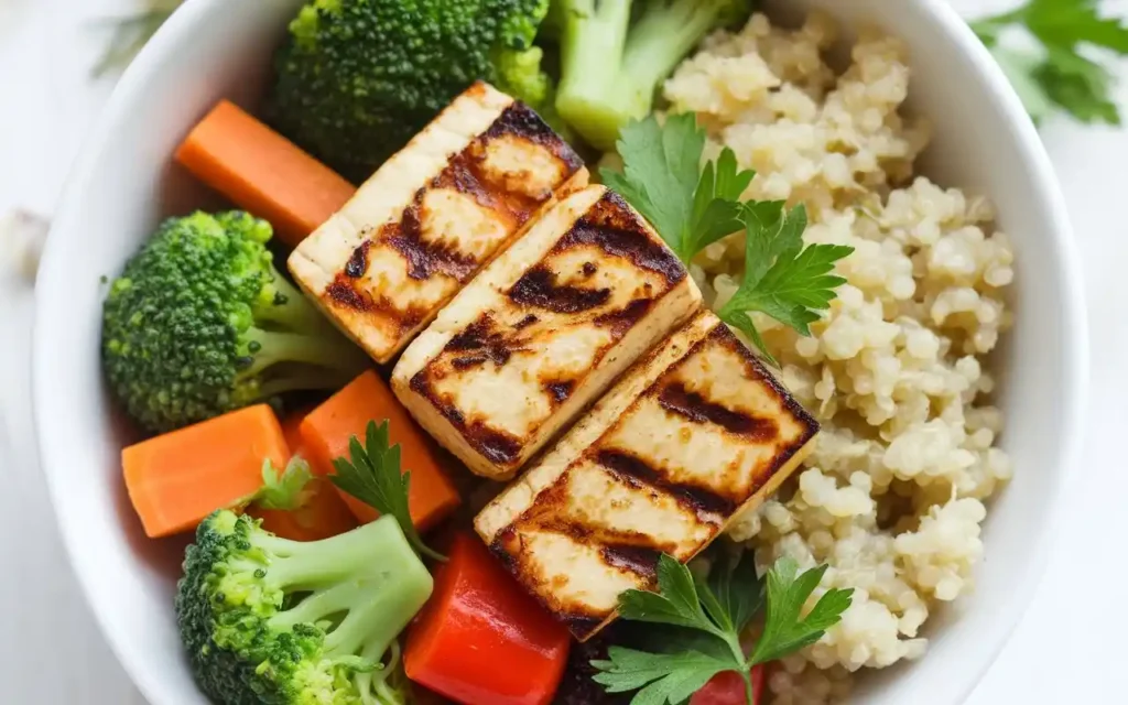 Plant-based CrossFit diet meal with tofu, quinoa, and vegetables