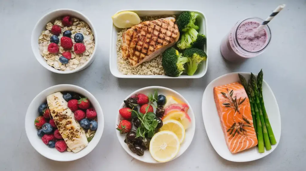 A sample meal plan for a cutting diet displayed on a table.