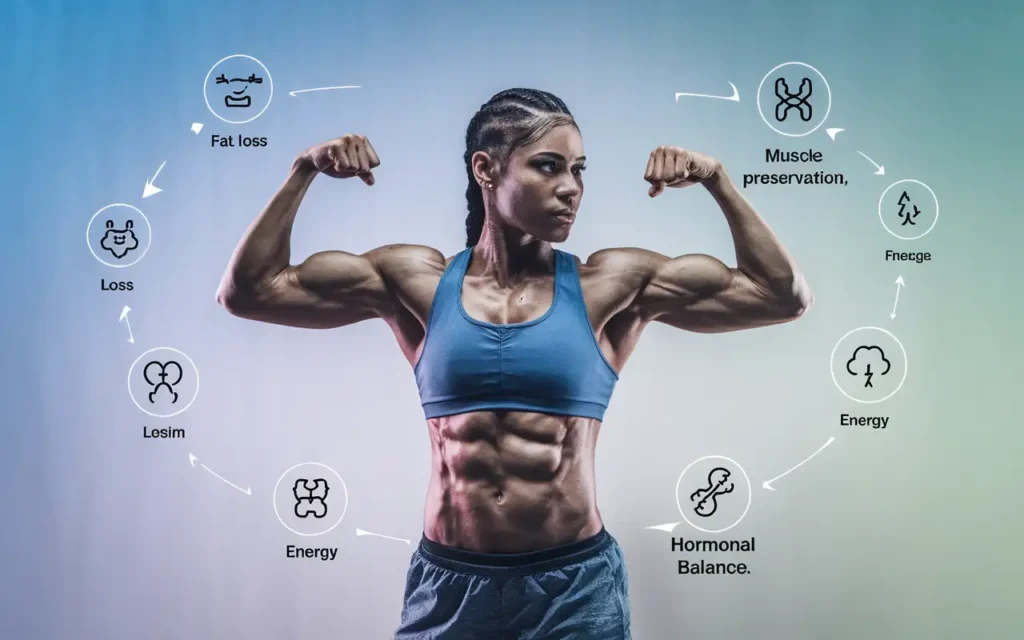 A person flexing muscles, surrounded by icons representing the benefits of the cyclical ketogenic diet.
