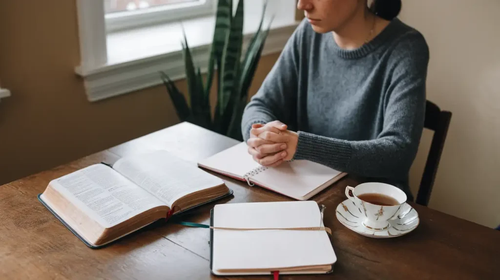 A person writing a prayer journal beside an open Bible