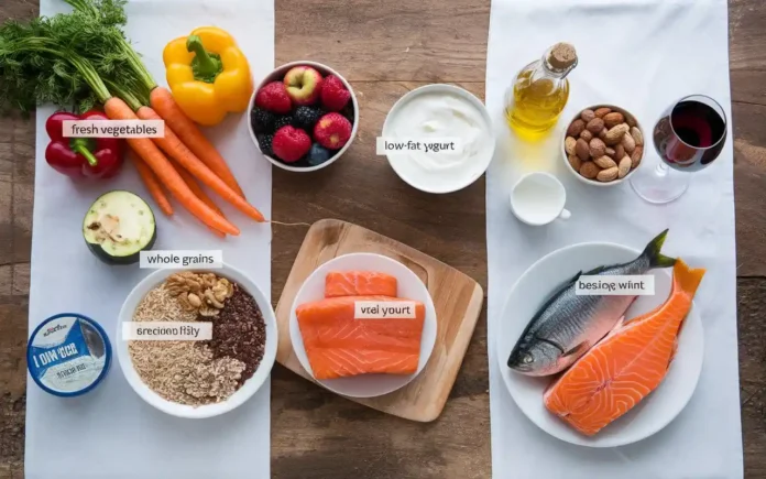 A colorful side-by-side comparison of DASH and Mediterranean diet foods