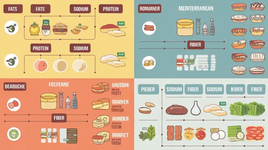 Nutritional breakdown of DASH vs Mediterranean Diet with key macronutrients