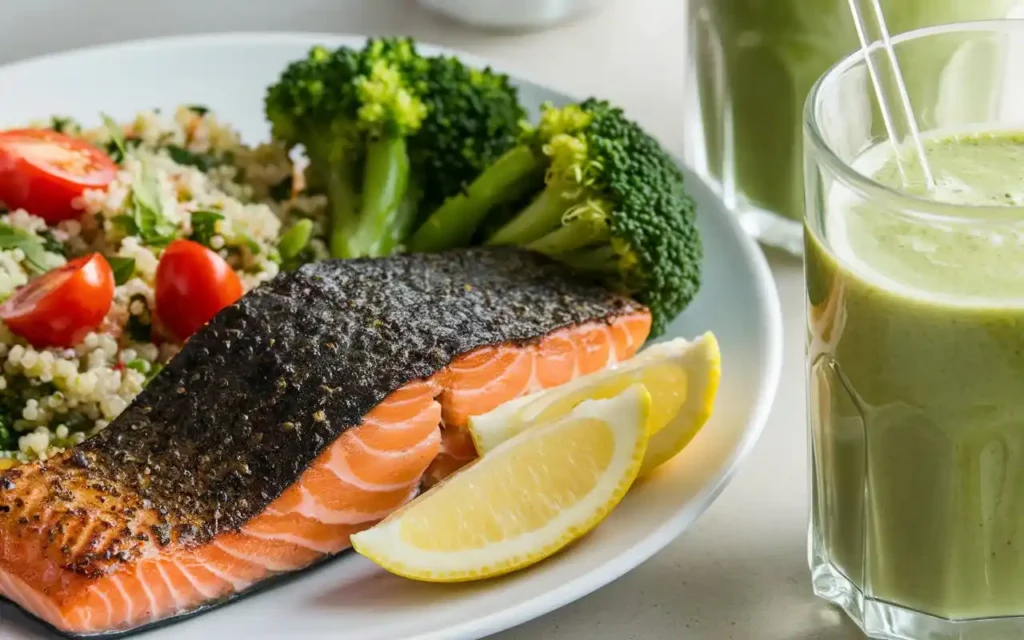 A detox meal featuring a green smoothie, quinoa salad, and grilled salmon with steamed vegetables