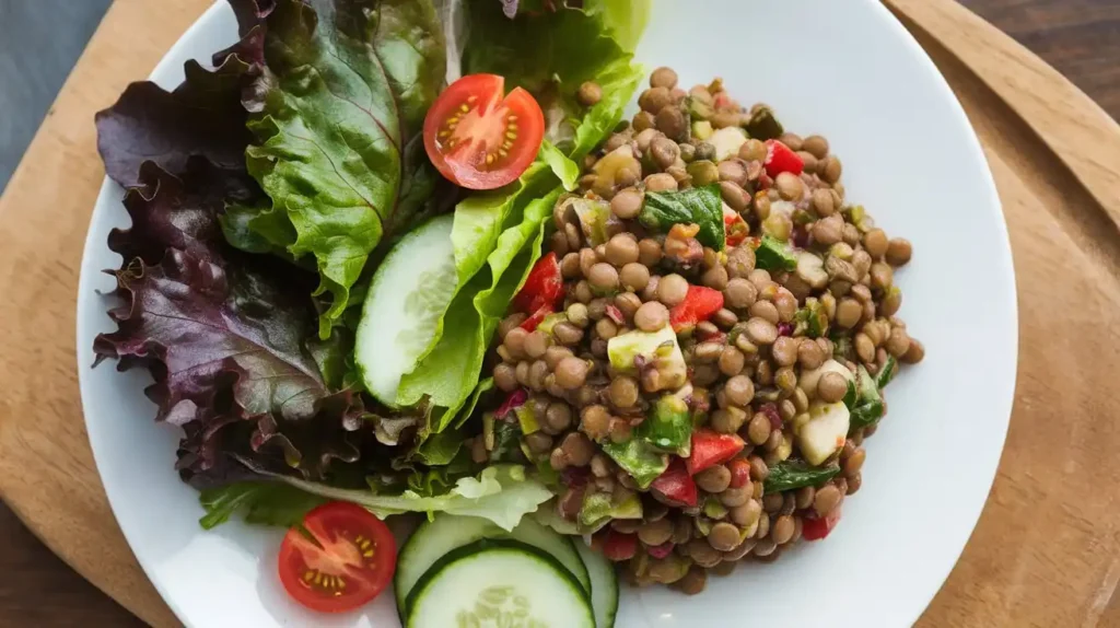 A balanced plant-based lunch plate with lentil salad and mixed greens, suitable for individuals with diabetes.