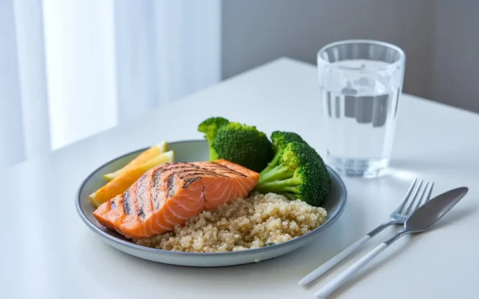 A balanced plate of healthy foods designed for recovery after hernia surgery