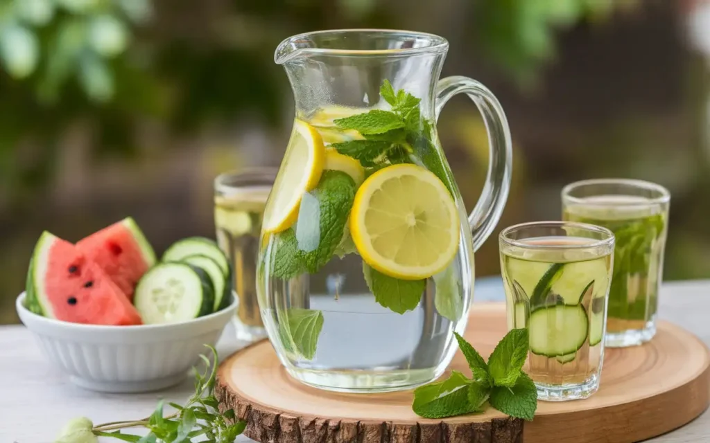 Hydration tips for recovery after hernia surgery, featuring water and herbal tea