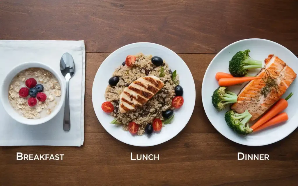 Sample meal plan featuring healthy breakfast, lunch, and dinner options for post-hernia surgery recovery