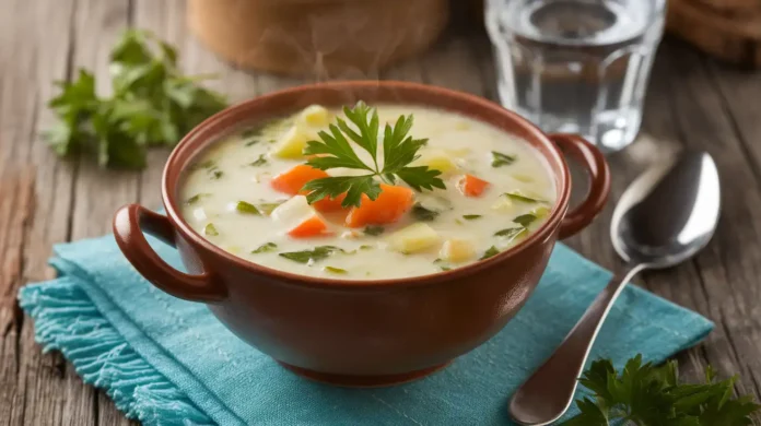 A bowl of nutritious soup, ideal for a diet after tooth extraction