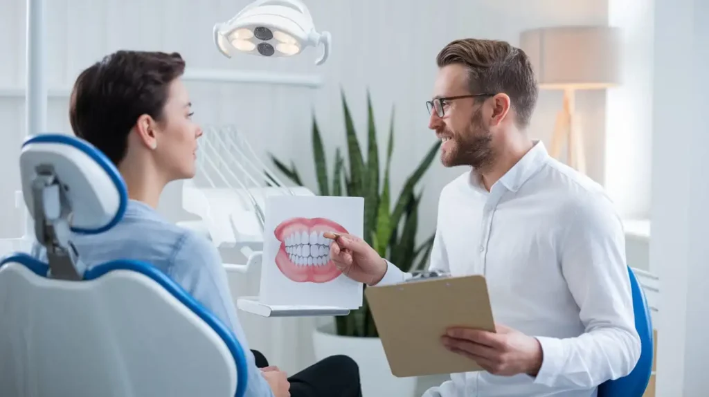 A dentist explaining the importance of diet after tooth extraction to a patient