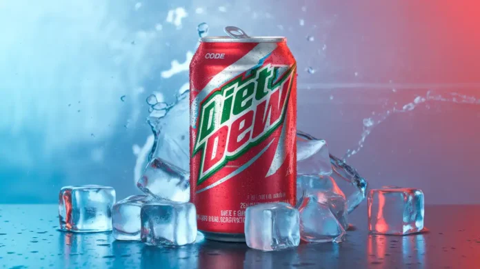 Featured image of a cold can of Diet Code Red Mountain Dew with a refreshing splash